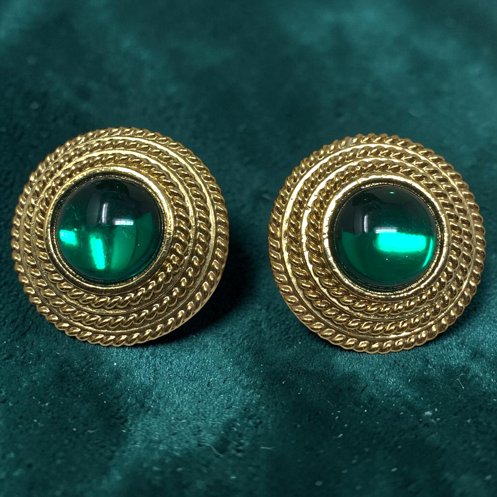 Vintage 1990's Joan Rivers Gold Tone Green Cabochon Button Earrings Clip On